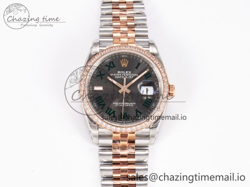 VS공장 데이저스트 36mm SS/RG 126281rbr VSF 1:1 Best Edition 904L Steel Gray Dial Green Roman Marker on Jubilee Bracelet VS3235