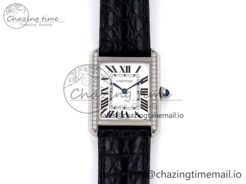 AF공장 탱크 솔로 25mm 스몰 다이아 베젤1:1 Best Edition White Dial Diamonds Bezel on Black Croco Strap Ronda Quartz