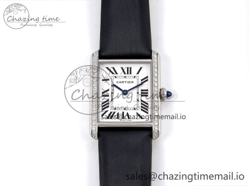 AF공장 탱크 머스트 다이아 베젤 25.5mm 라지 1:1 Best Edition White Dial Diamonds Bezel on Black Fabric Strap Ronda Quartz
