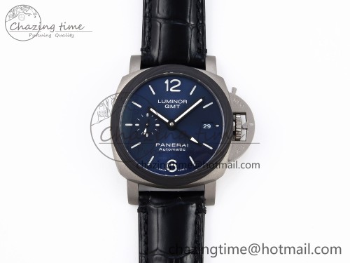 PAM1279 X LUMINOR GMT 42MM TITANIUM VSF 1:1 BEST EDITION BLUE DIAL ON BLACK LEATHER STRAP P.9011 SUPER CLONE